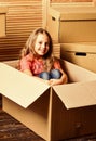 Ideal Place. repair of room. new apartment. purchase of new habitation. Cardboard boxes - moving to new house. happy Royalty Free Stock Photo