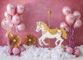 Scenery montage with balloons and horse for photo studio love smash the cake