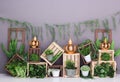 Romantic custom decor with plants, barn door, vases, golden wreaths for studio photography