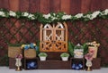 Romantic personalized decor with colorful spring flowers, barn door, vases, for studio photography