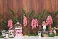Romantic love personalized decor with colorful spring flowers, plants, vases, for studio photo shoot