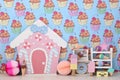 Romantic personalized decor with little house, candy, ice cream, children's day first birthday