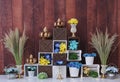 Romantic personalized decoration with colorful spring flowers, wooden cubes, for studio photo shoot