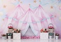 Romantic personalized pink circus decoration with colorful spring flowers, vases, for studio photography