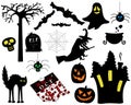 Set Halloween Silhouettes 15 Elements Isolated over a white and transparent background. EPS vector file available. Royalty Free Stock Photo