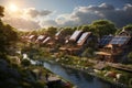 Ideal town of future, village. Small houses near river, on roofs of which there are solar panels. Bright sunny day. Rural