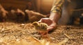 chicken farmer putting a newborn chicken in her hand at a henhouse