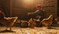 chicken farmer woman feeds her chickens in a henhouse