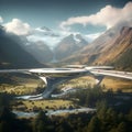 Idealised view of how New Zealand can incorporate transport without disrupting its unique landscape Royalty Free Stock Photo