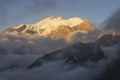 The idealistic landscape of Mount Elbrus in the rays of the setting sun
