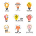 Ideas bulb logotypes. Colorful creative lamp shape smart symbols powerful vector logotypes