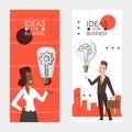 Ideas for business, vector illustration. Vertical banners set, man and woman holding light bulb as symbol of idea Royalty Free Stock Photo