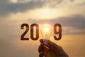 2019 Ideas concepts with hand holding light bulb.