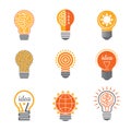 Ideas lamp logo. Electronics light energy bulb bright orange yellow electrician business creative symbols vector