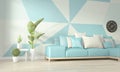 Interior Ideas of light blue and white living room Geometric Wall Art Paint Design color full style on wooden floor.3D rendering Royalty Free Stock Photo