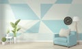 Interior Ideas of light blue and white living room Geometric Wall Art Paint Design color full style on wooden floor.3D rendering Royalty Free Stock Photo