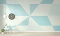 Interior Ideas of light blue and white living room Geometric Wall Art Paint Design color full style on wooden floor.3D rendering Royalty Free Stock Photo