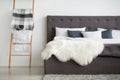 Ideas for modern cozy scandinavian design of simple stylish bedroom, ad and mockup Royalty Free Stock Photo