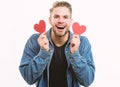 Ideas for romantic celebration valentines day. Romantic symbol. Guy well groomed hold heart white background. Romantic Royalty Free Stock Photo