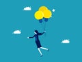 Ideas for solving business problems. businesswoman floats with a balloon light bulb