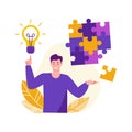 Ideas for solving problems. A young man with a light bulb compiled a puzzle. Vector concept in flat cartoon style.