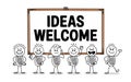 Ideas Welcome Sign with Stick Figures Encouraging Creativity, Innovation, and Teamwork through Shared Concepts Royalty Free Stock Photo
