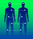 2 identical men connected with cables. Human cloning or scientific concept vector illustration