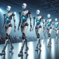 Identical robots walking across the stage. Royalty Free Stock Photo