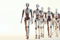 Identical robots walking forward on a white background. Place for text.