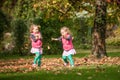 Identical twins having fun with autumn leaves in the park, blond cute curly girls, happy kids, beautiful girls in pink jackets Royalty Free Stock Photo