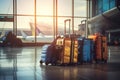 Identifiable Luggage at the airport with planes. Holiday transport