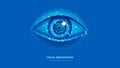 Identification technology concept. Polygonal eye on blue background.