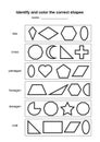 Identify and color the correct shapes. educational geometric shapes game. printable learning material for kids . black and white p