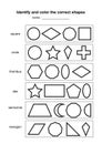 Identify and color the correct shapes. educational geometric shapes game. printable learning material for kids . black and white p