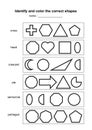 Identify and color the correct shapes. educational geometric shapes game. printable learning material for kids . black and white p