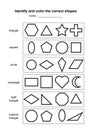 Identify and color the correct shapes. educational geometric shapes game. printable learning material for kids . black and white p