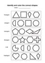 Identify and color the correct shapes. educational geometric shapes game. printable learning material for kids . black and white p