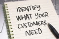 Identify what your customers need  text words typography written on paper against computer keyboard  life and business Royalty Free Stock Photo