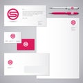 S logo. S red letter monogram and Identity. Corporate style, envelope, letterhead, business card, pens.