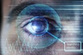 Identity, hologram or man with eye scan in digital cybersecurity technology for Information database. Biometric laser Royalty Free Stock Photo