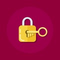 Identity or logon icon. Padlock with a key in a flat style. The process of opening the lock. Flat vector illustration. Royalty Free Stock Photo