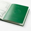 Open Green Passport with Embossed Globe and Text on a White Background Royalty Free Stock Photo