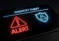 Identity theft alert displayed on a tablet screen with security icons and warning symbol Royalty Free Stock Photo