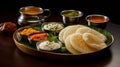 An idli, dosa, and coconut chutney breakfast in a South Indian style still life Royalty Free Stock Photo