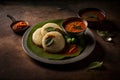 Idli sambar or Idli with sambhar and green red chutney Illustration AI Generative