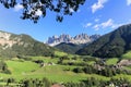 The idyllic St. Magdalena village with magical Dolomites mountain peaks Odle Group