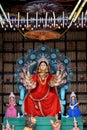 Idol of Goddess Devi Durga at a decorated puja pandal in Kolkata, West Bengal, India. Royalty Free Stock Photo