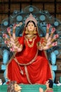 Idol of Goddess Devi Durga at a decorated puja pandal in Kolkata, West Bengal, India. Royalty Free Stock Photo