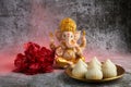 Idol of lord Ganesha with Modak Sweet Dish and flower. Ganesh chaturthi Royalty Free Stock Photo