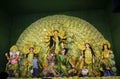 Idols of Hindu Goddess Maa Durga with her childrens in a pandal beautifully decorated during the Durga Puja festival Royalty Free Stock Photo